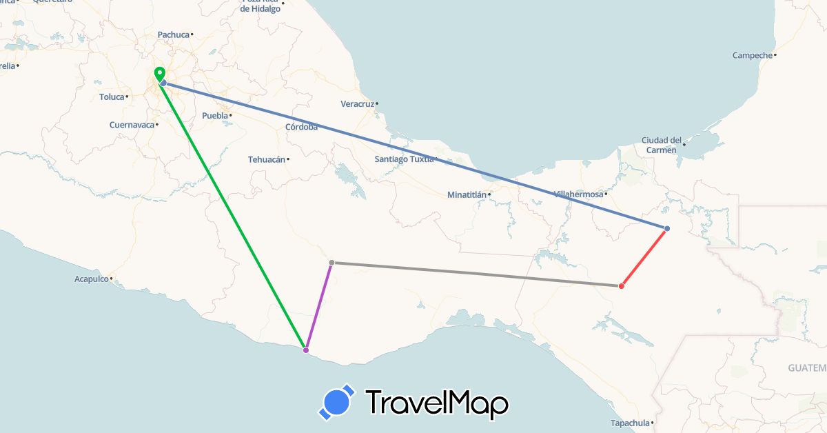TravelMap itinerary: driving, bus, plane, cycling, train, hiking in Mexico (North America)