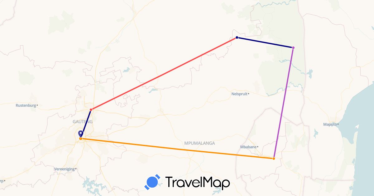 TravelMap itinerary: driving, train, hiking, hitchhiking in Swaziland, South Africa (Africa)